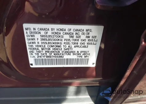 2007 Honda Pilot Ex-L z USA, uszkodzony, nr VIN 2HKYF18697H510862